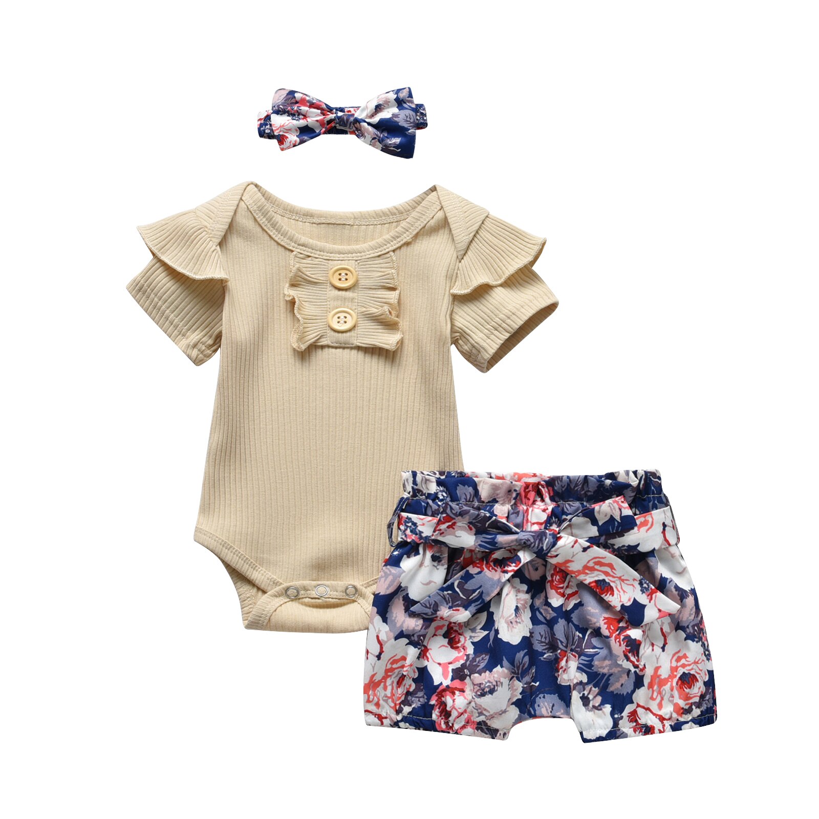 3 -teiliges sommer-kleidungsset für mädchen: einfarbiger kurzarmbody für neugeborene + kurze Hose mit blumenmuster + stirnband: Hellblau / 12m