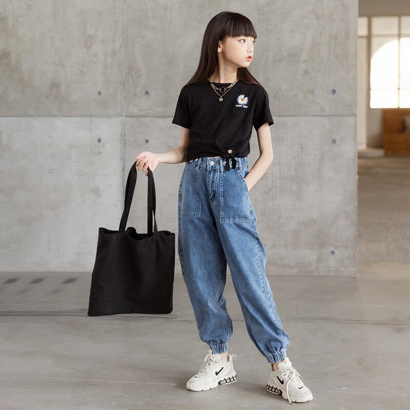 Pantalones vaqueros de cintura alta para niña, pantalón harén azul para adolescente, ropa informal para niño de 12, 13 y 14 años, Primavera