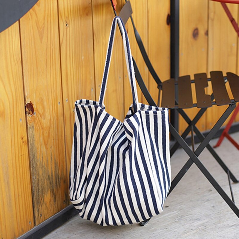 Dames gestreepte canvas handtas zomer strand klassieke stof zachte grote handtas dames casual tas dunne streep blauw