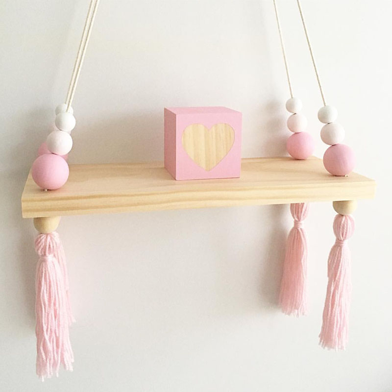 Scandinavische stijl houten kralen kwastjes opbergrek muur touw hangende plank voor decoratie van slaapkamer woonkamer display stand: C