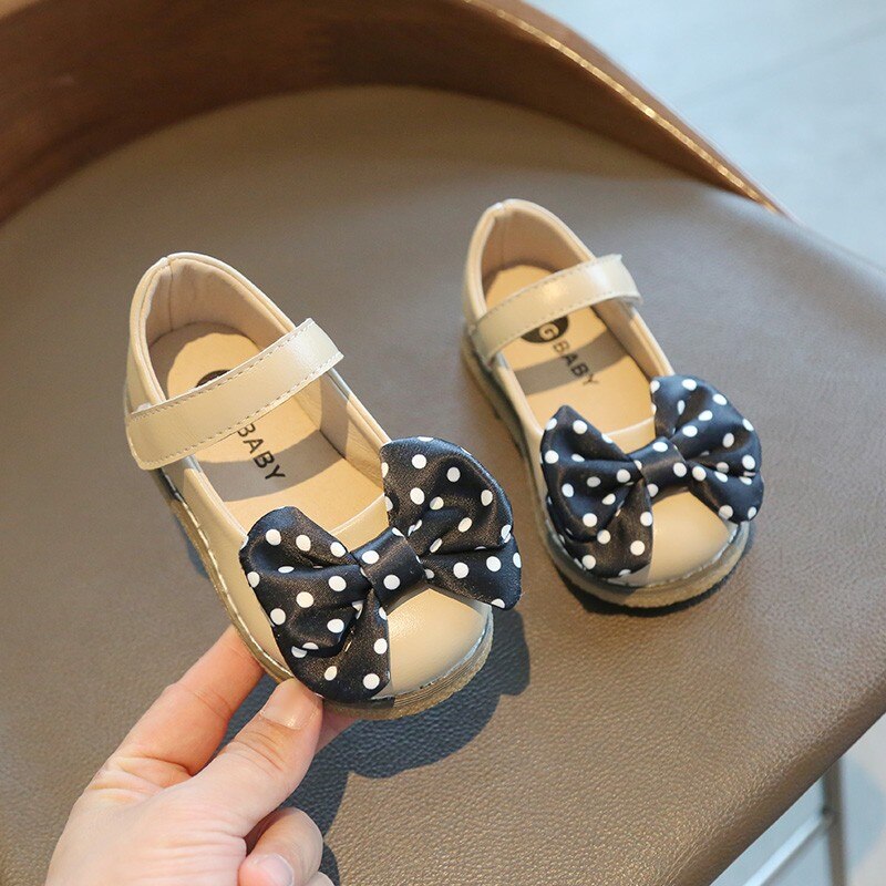 Spring Girls Mary Janes Shoes Dot Bowtie Princess Shoes Platform Leather Shoes For Kids Baby Child Dress Shoe Autumn: Beige / 30