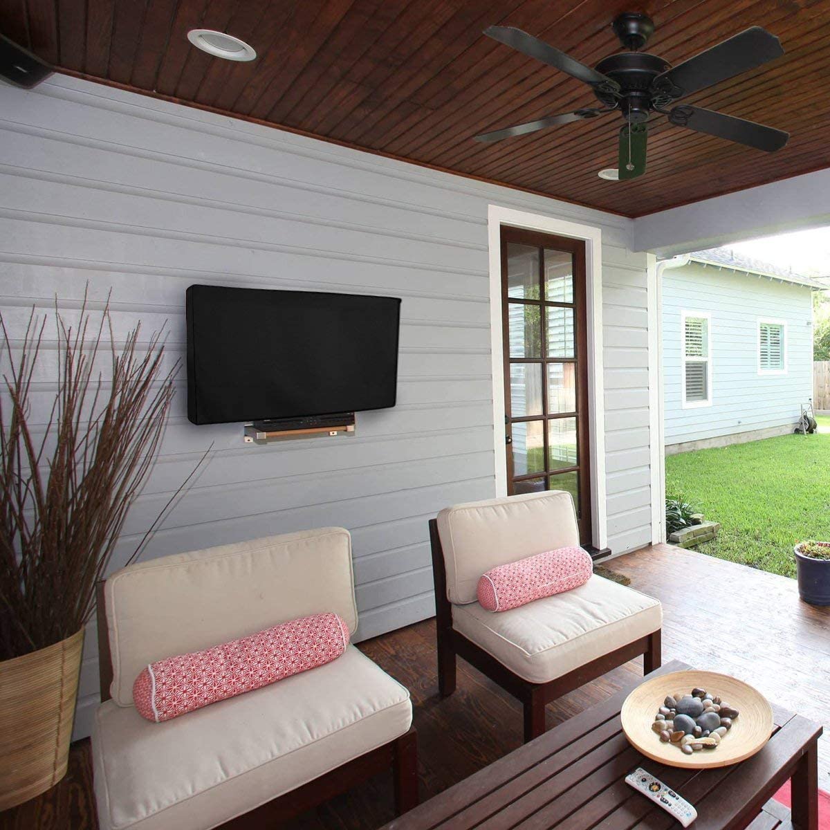 Outdoor Waterproof TV Cover with Bottom Cover Heavy Duty Thick Fabric Weatherproof Outdoor TV Enclosure for Outside TV