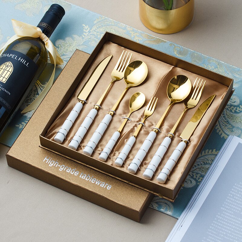 Cathylin Ceramic Handle Western Flatware 4 pcs Stainless Steel Cutlery Set Knife Fork Spoon Teaspoon Dinner Set Dinnerware Set: 8pcs set