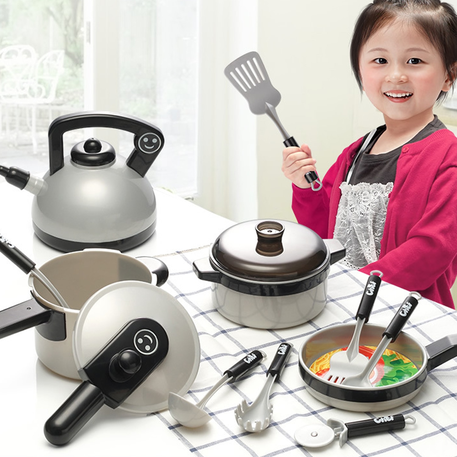 Kids Simulation Kitchen Pretend Play Toy Cookware Playset Cooking with Oven Kettle Pots Food for Kids Toddlers Kitchenware Play