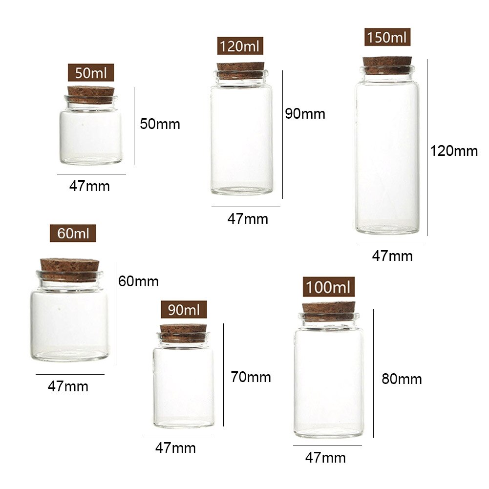 3Pcs 50/60/90/100/120/150ml Transparent Cork Stopper Glass Bottles Jar Vials