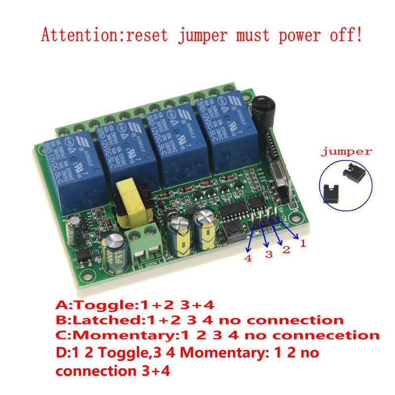 Smart Home AC 220V 4CH 4 CH Wireless Remote Control LED Light Bulb Switch Relay Output Radio Receiver Module and Transmitter