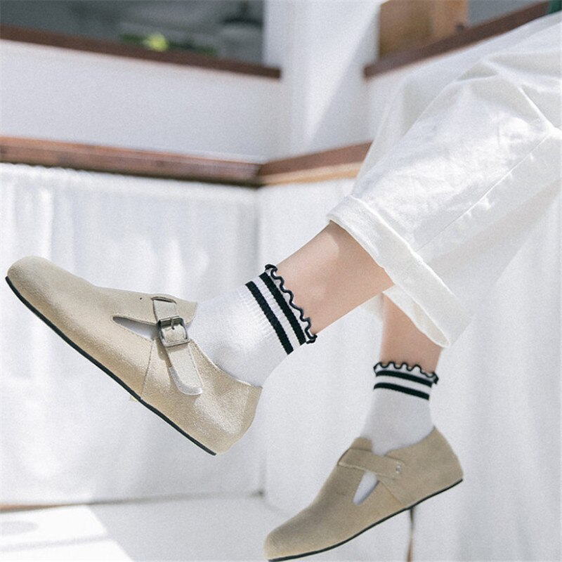Calcetines mujer divertidos crossfit niña altos cortos largos antideslizante Calcetines con volantes kawaii para mujer, ropa de calle de algodón, color blanco, estilo coreano