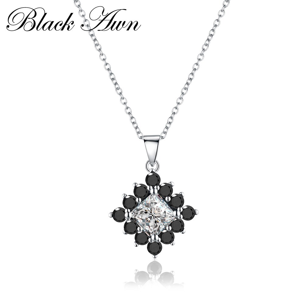 [BLACK AWN] Genuine 925 Sterling Silver Necklace for Women Square Black Spinel Necklaces Pendants Sterling Silver Jewelry P004