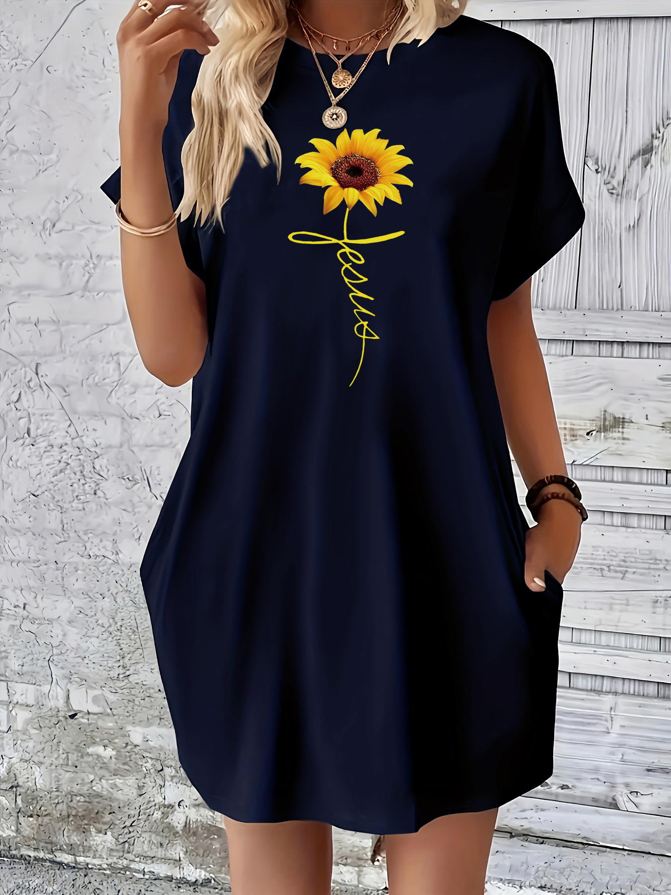 Dames Zomer Losse Cross Zonnebloem Print Ronde Hals Korte Mouw Zak Comfortabele Casual Plus Size Jurk: XL / Marineblauw