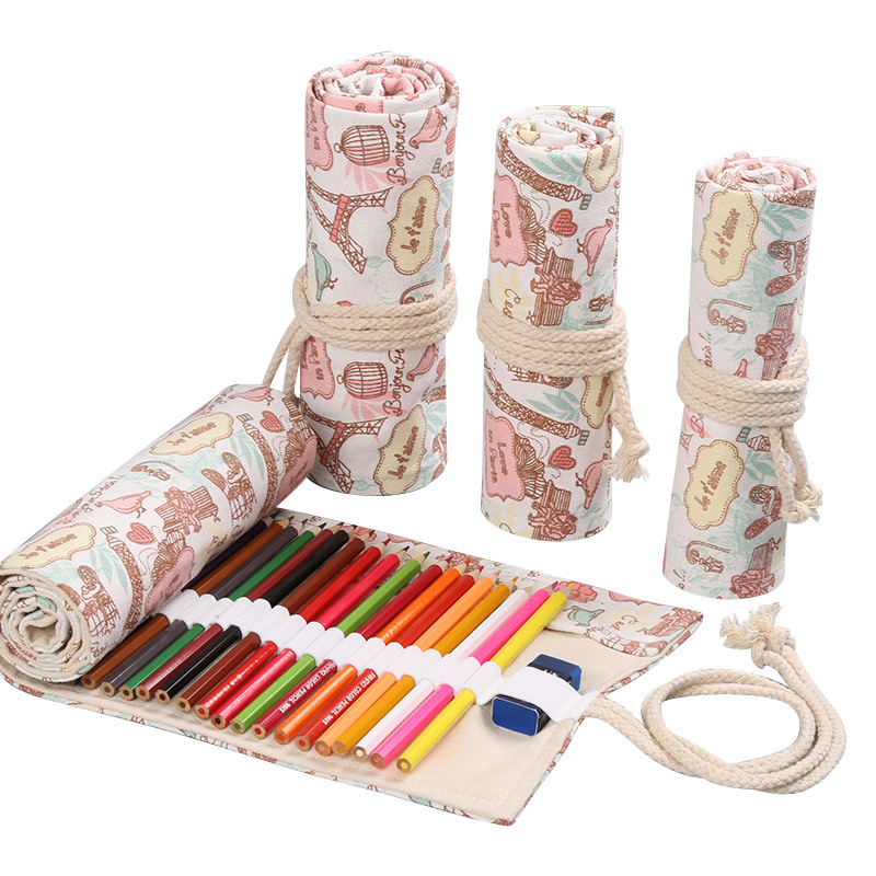72 Gaten Schoolbenodigdheden Roll-Up Potlood Zakken Voor Kleur Potlood Pennen Tas Potlood Pouch Canvas Handgemaakte Bloemenprint kawaii Bgas: 72 hole tower