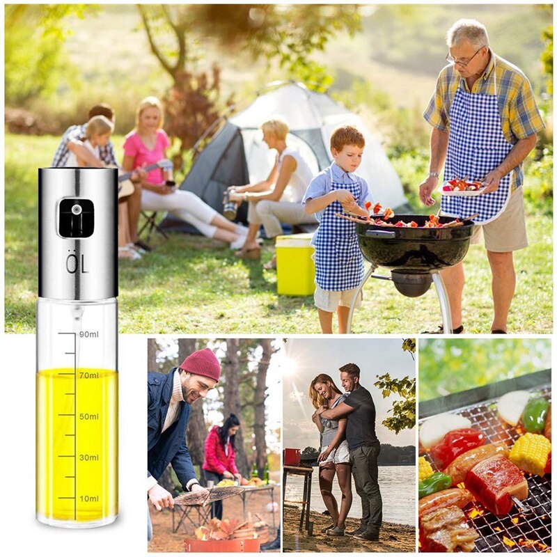 Oliesprøjte, eddikesprøjte i rustfrit stål, spray med bærbar børste, grill olivenolie glasflaske 100 ml til køkken, cooki