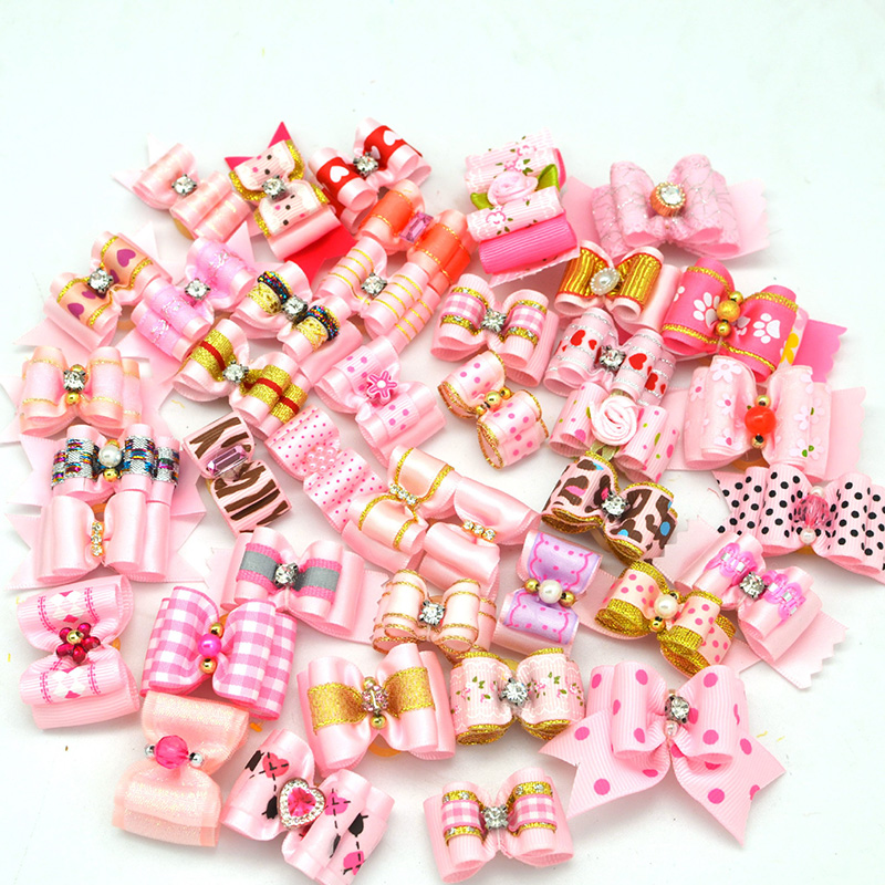 10 unids/lote de lazos para el pelo de perro, banda de goma de colores mezclados, cuidado de gatos hecho a mano para mascotas, cachorros, gatos, Mini accesorios con lazo: Rosa