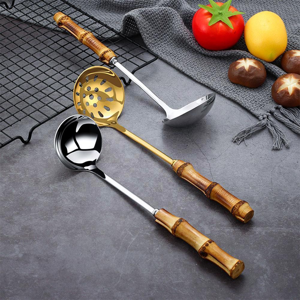 Kitchen Steel Long Handle Gold Soup Ladle Slotted Colander Spoon Filter Pot Strainer Cooking Skimmer Set Tool I6S8