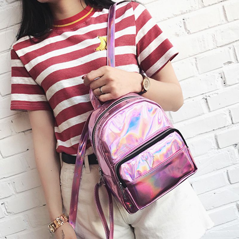 Holografisk läderryggsäck för tjejer rosa mini ryggsäck för kvinnor