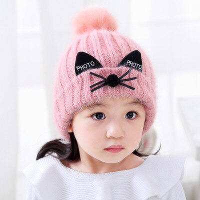 Children's Hat Autumn Winter Warm Thick Kids Hat 2-7 Year Old Children Hat with Velvet Knitting Wool Hat for Girls Boys: Pink