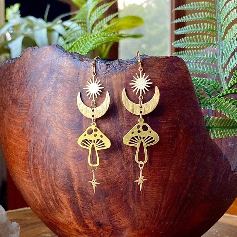 Paddestoel Oorbellen Met Celestial Maan, Wanderlust Sieraden, Hypoallergeen, Bohemen Oorbellen, Goud Kleur Sieraden