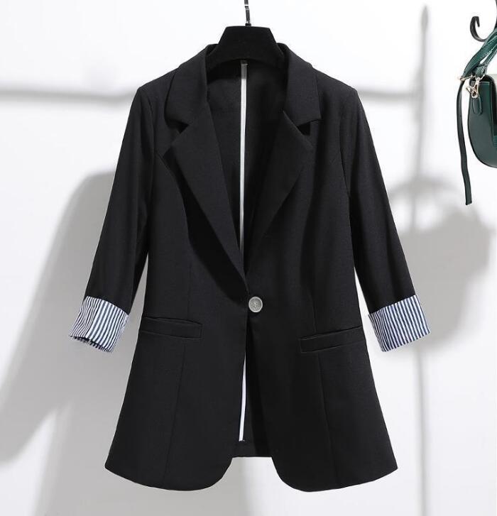 Blazer printemps et été coréen en lin, Slim, Patchwork, rayé, grande taille, vêtements de travail, manteau avec un seul bouton, F61210: Black / XXXL(82.5-92.5kg)
