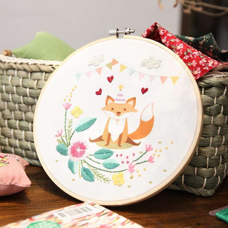 1 sett håndlaget broderisett til nybegynnere, nybegynnere å lage broderi blomstermateriale pakke tegneseriedyr med ramme hjemmeinnredning