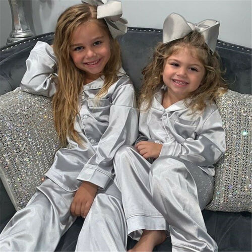 Småbørn baby dreng pige silke satin top bukser pyjamas lange ærmer solid button-down pyjamas satin sæt barn nattøj natkjole