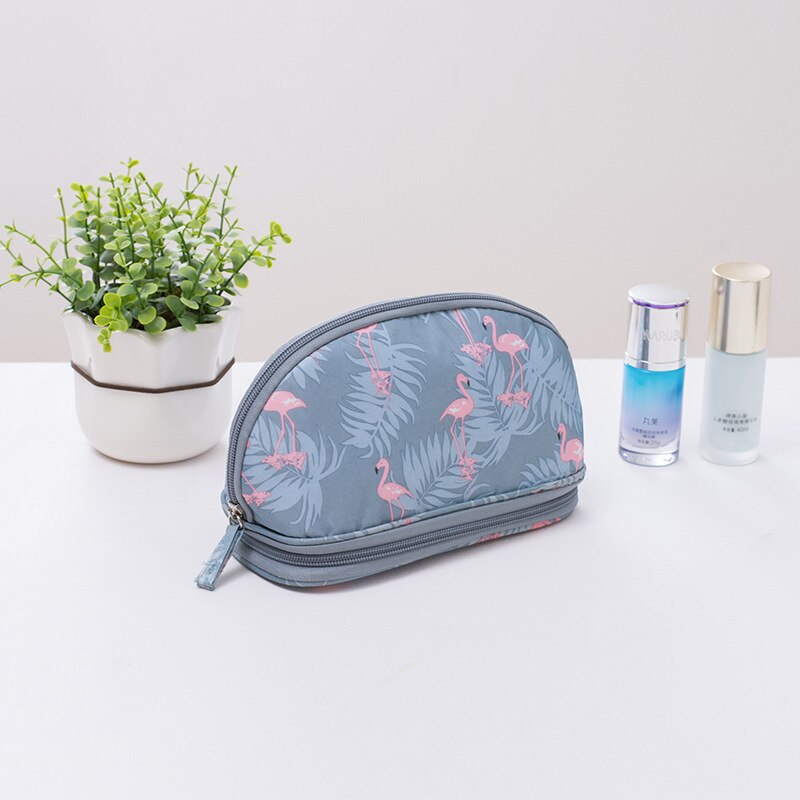 FUDEAM Oxford Multifunction Women Travel Storage Cosmetic Bag Toiletry Organize Semicircle Make Up Bag Eyebrow Pencil Pouch Bag: Blue Flamingo