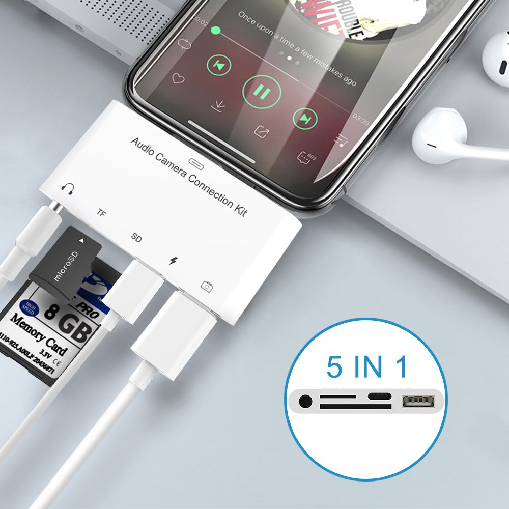 Kit de connexion pour appareil photo avec carte tf 5 in 1 sd adaptateur lightning vers usb 7 câble otg pour iphone 11 x 6 ipad 8