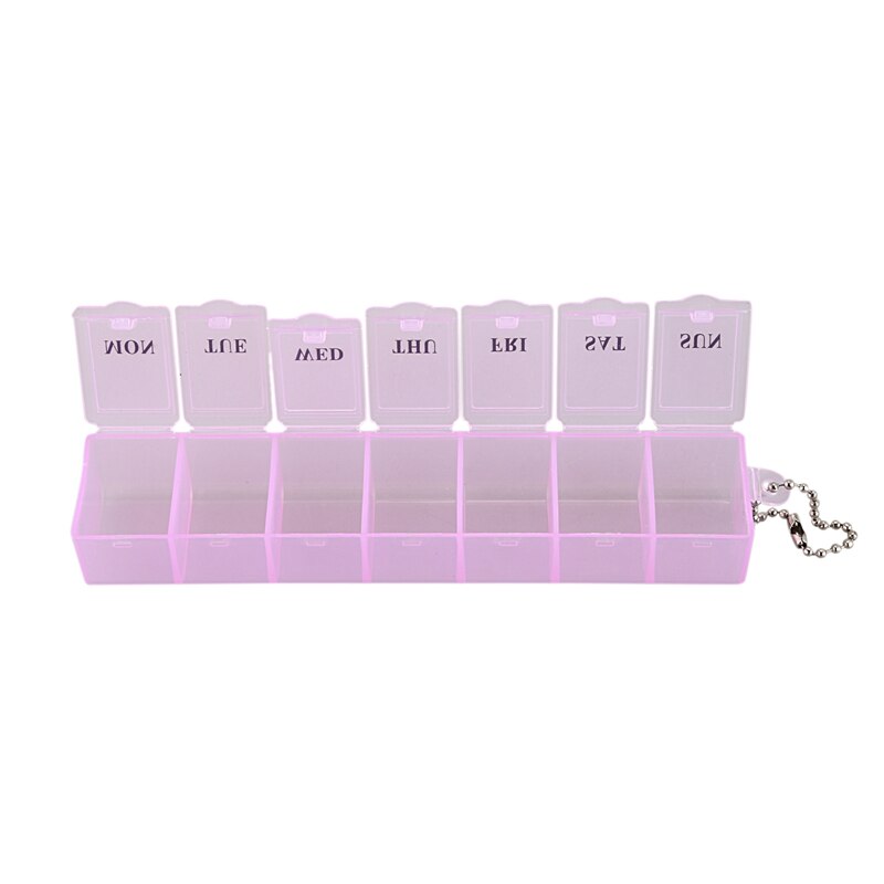 Pastillero de plástico rosa con 7 compartimentos, caja semanal con cadena de bolas