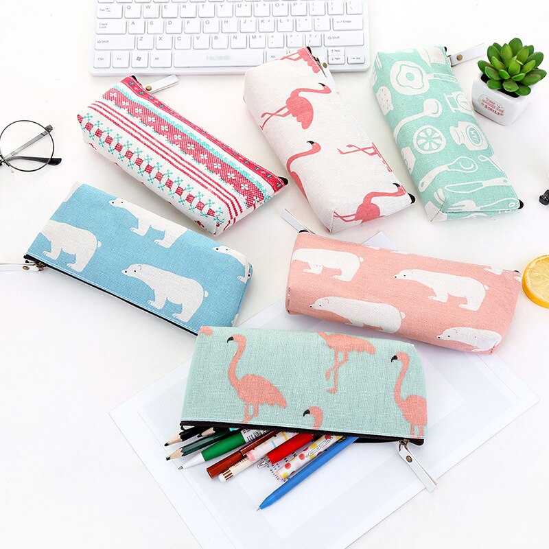 1PC Cute Polar Bear Canvas Pencil Cases Student Stationery Pen Bag School Office Pencil Bags Lovelty Pencil Pouch