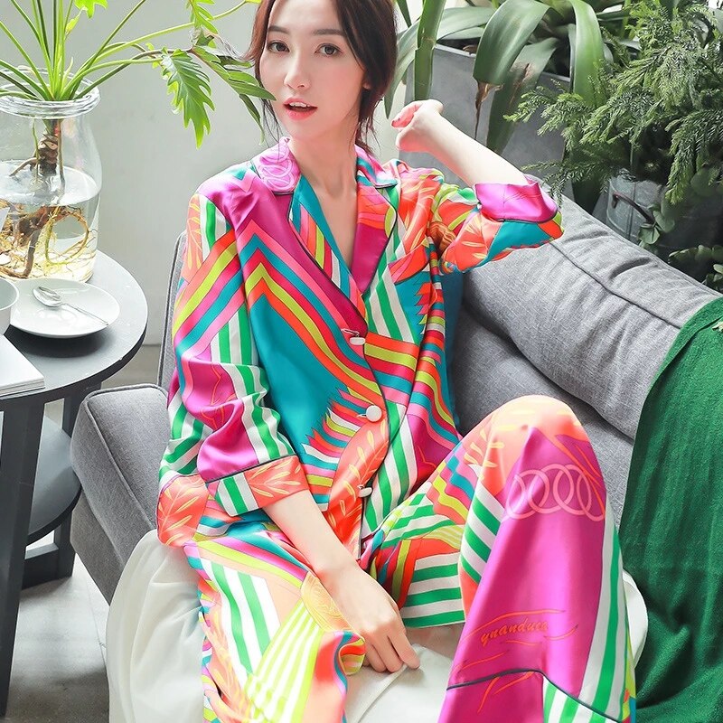 Kvinder silke pyjamas efterår koreansk nattøj løs cardigan lange ærmer bukser sæt 2 dele sexet satin pyjamas hjemmetøj
