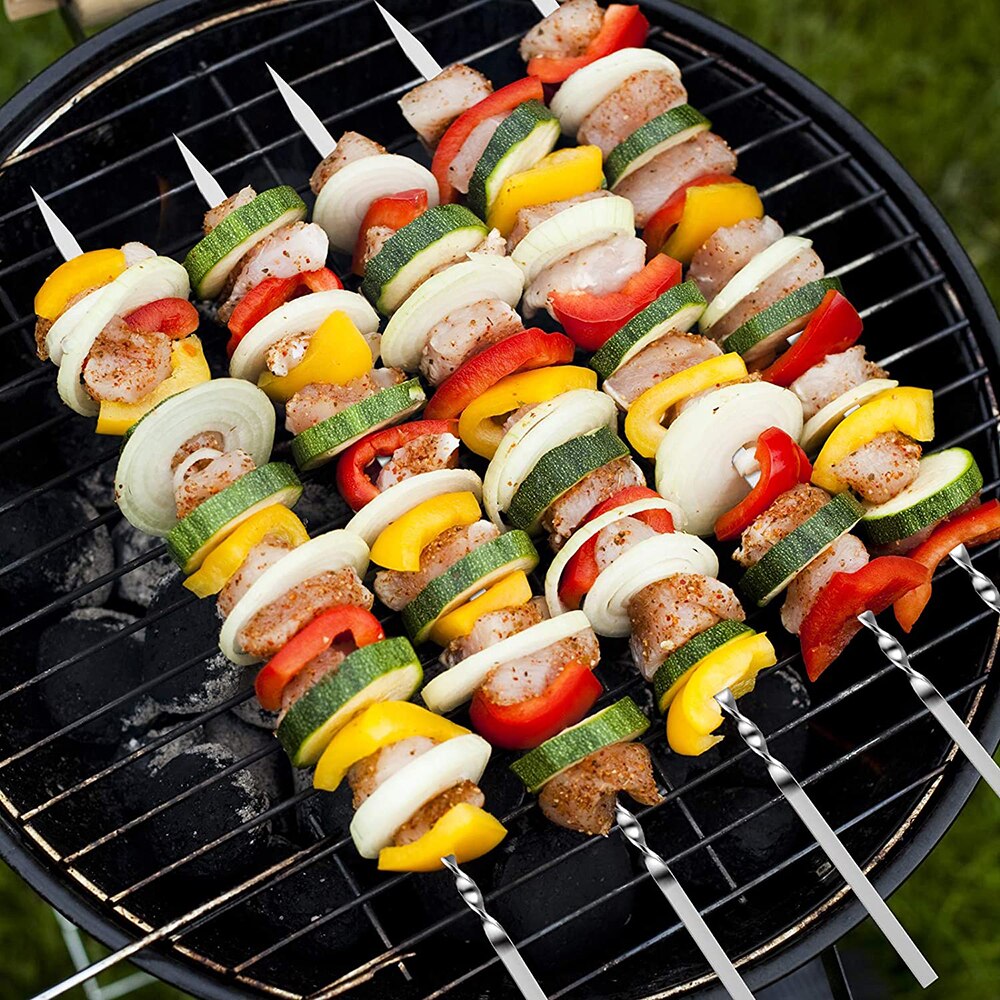 50 Pcs Rvs Bbq Barbecue Spiesjes Platte Metalen Spiesjes Voor Grillen Herbruikbare Bbq Sticks Met Draagbare Opbergtas