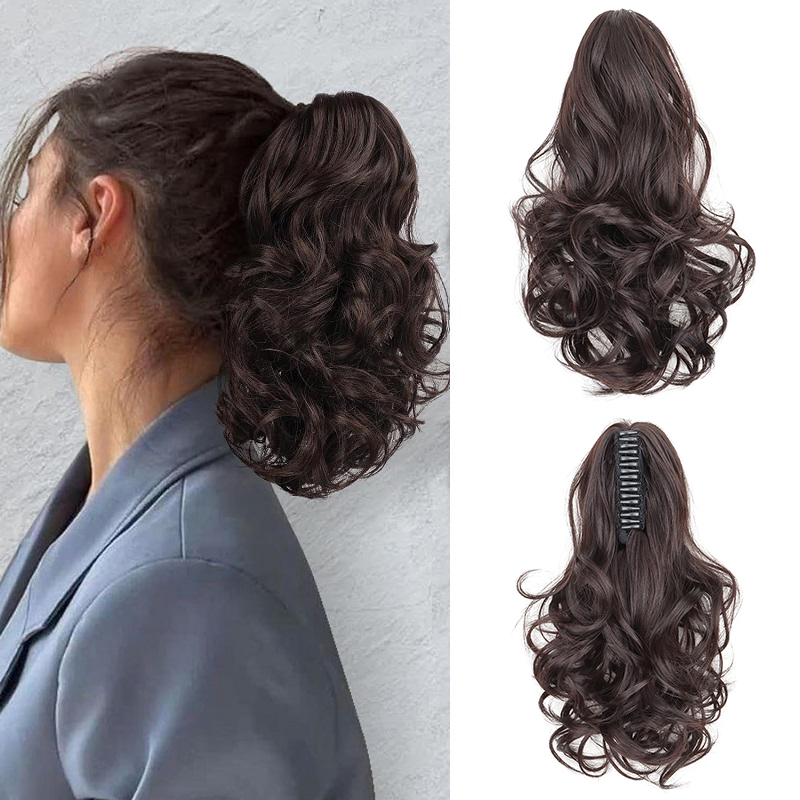 10 pulgadas sintético corto ondulado rizado cola de caballo garra Clip en extensión de cabello marrón Rubio negro postizo para mujeres