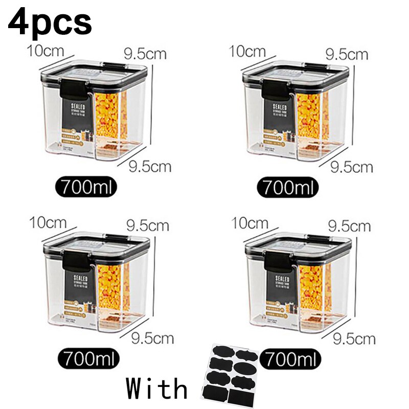 4pcs Food Storage Container Plastic Kitchen Noodle Box Multigrain Storage Tank Transparent Sealed Cans Stackable Acryl: 700ml 4pcs