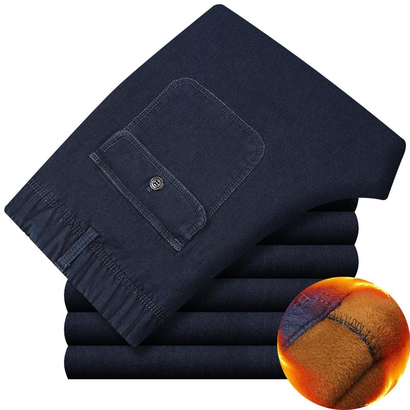 Heren winter worm fleece jeans vader hoge elastische taille fluwelen casual rechte plus size denim broek