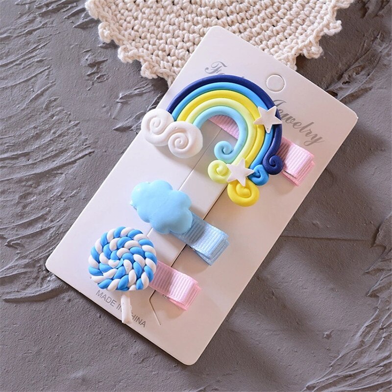 Hair Pins Baby Beauty Hair Pin Accessories Hairclips for Girls Rainbow Cheap 3pcs/set Cute Cloud Lollipop Kids Hairpins Headwear: Blue