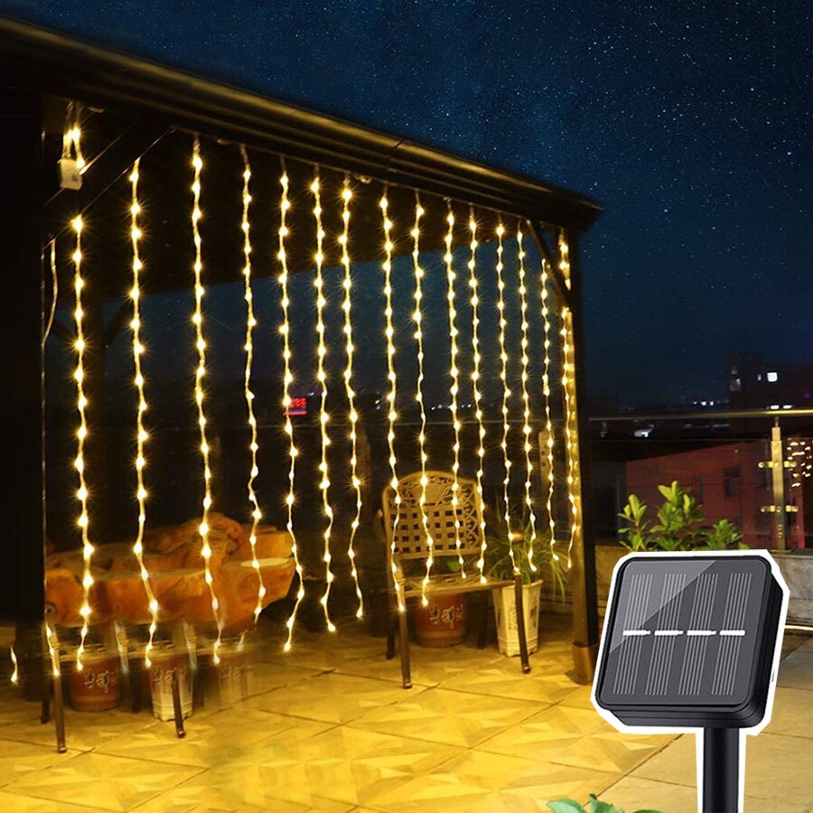 Rideau lumineux solaire pour chambre à coucher, fêtes de mariage, 300 LED, toile de fond pour fenêtre murale, guirlande de glaçons pour jardin, gazébo, décor de barbecue