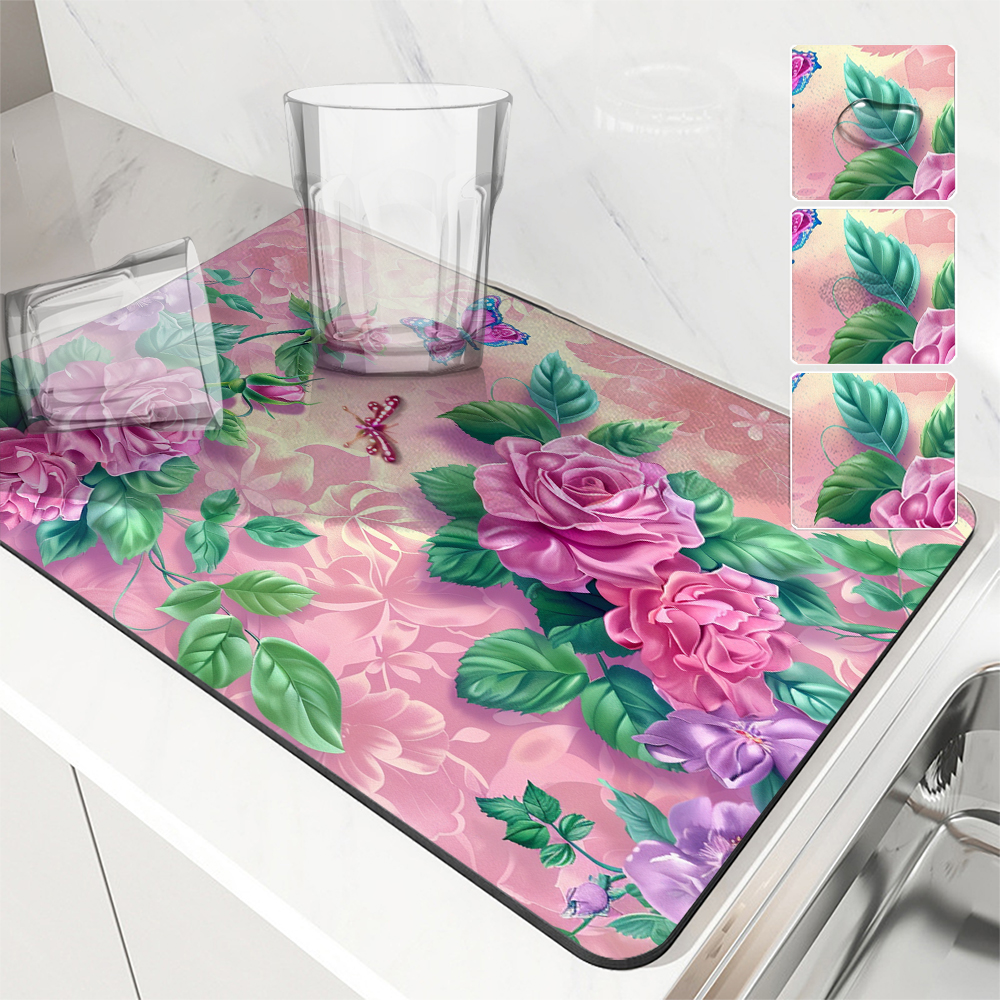 Große Küche Saugfähige matt Blumen Rosen Rutschfeste Ablassen Kaffee Erzähler Trocknen matt Schnelle Badezimmer Ablauf Pad Geschirr matt: L / Blau