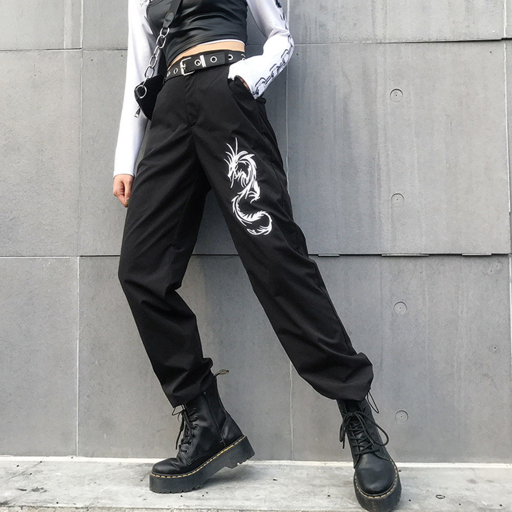 Kinesisk stil drage broderi skateboard bukser kvinder sort høj talje løse blyant bukser fuld længde bukser kvinder