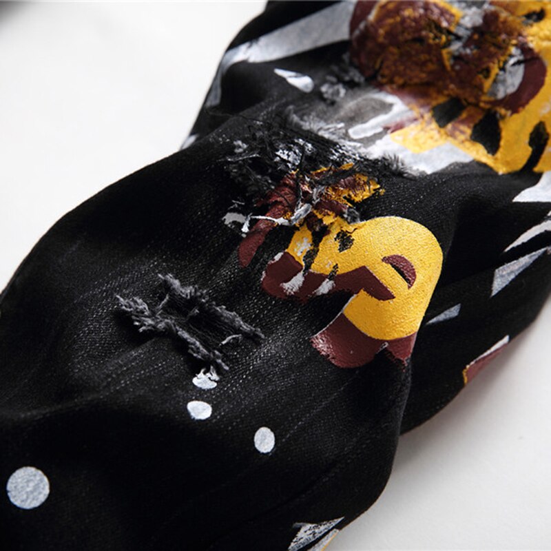 Mannen Dollar Print Jeans Gaten Ripped Denim Broek Gedrukt Zwart Slim Skinny Tapered Potlood Broek