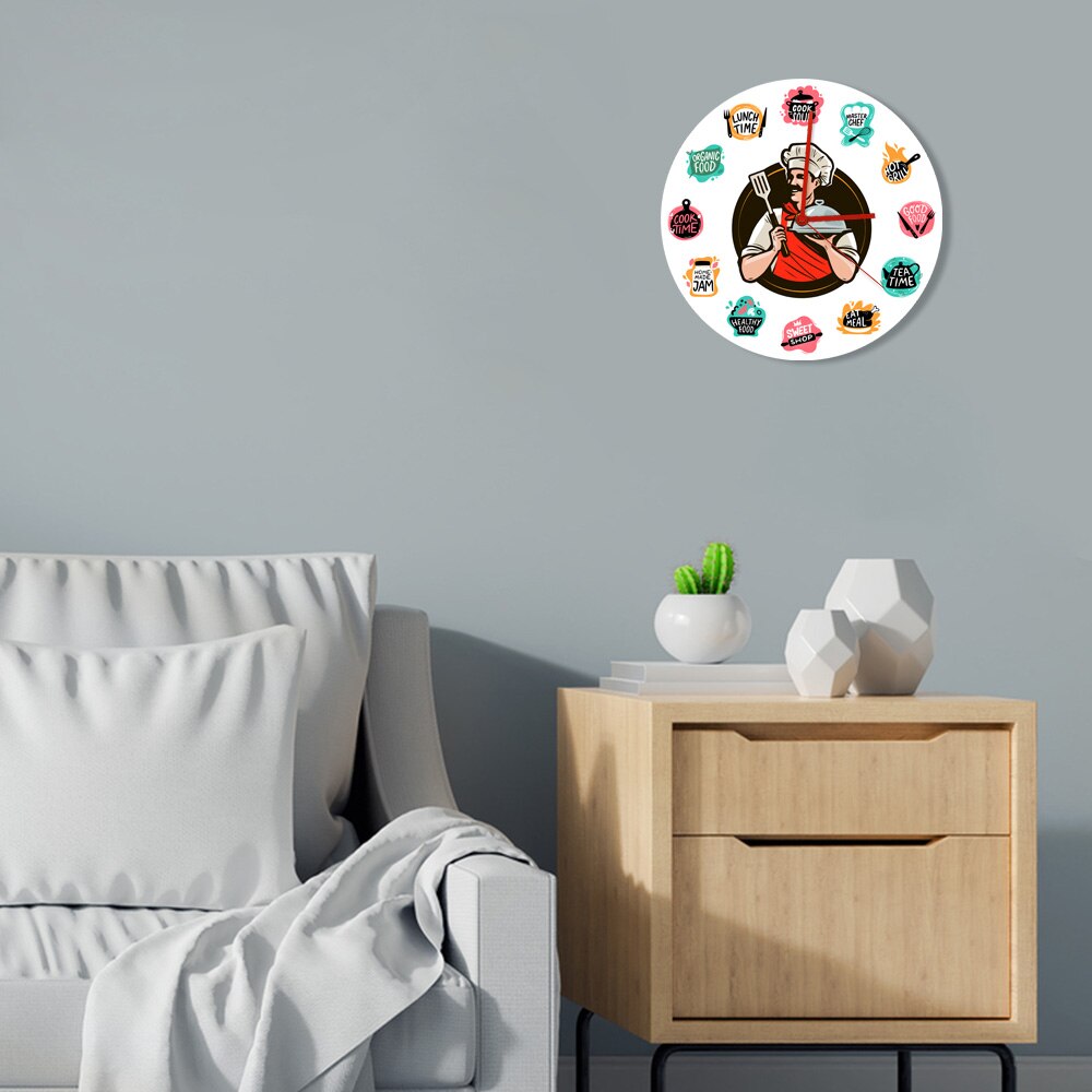 Cooking Food Baking Foods Wall Clock Kitchen Chef Holding a Tray Restaurant Decorative Wall Hanging Watch Non Ticking Mechanism