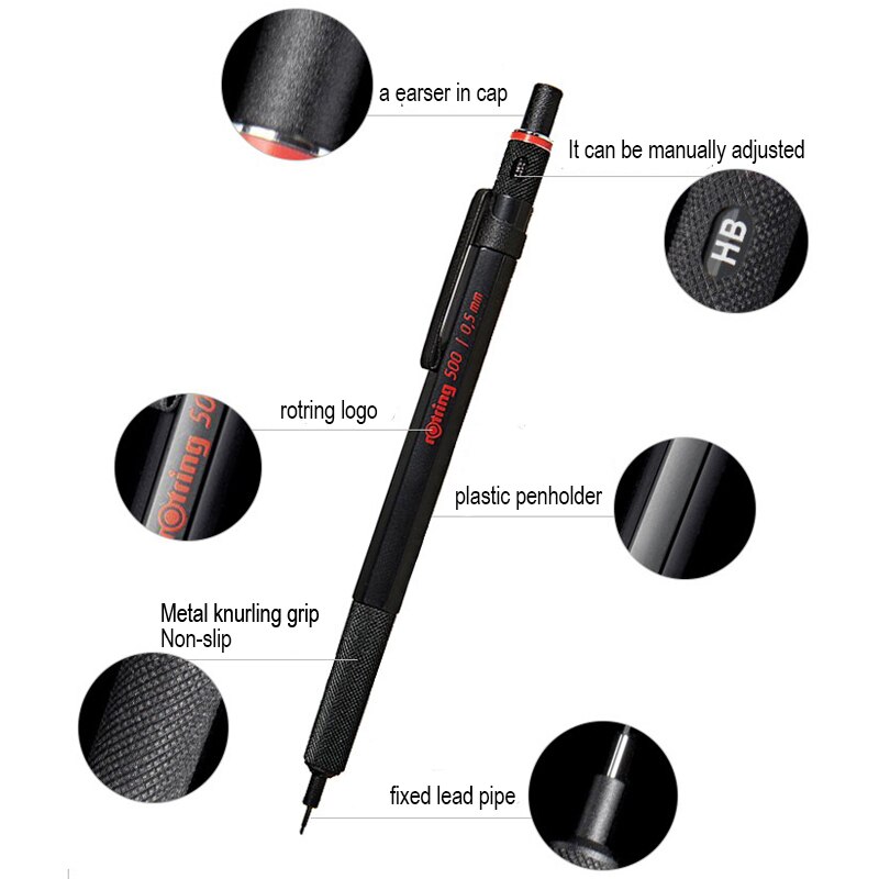 Rotring-portaminas de 500mm/0,5mm, portaminas de plástico con agarre metálico, 1 unidad