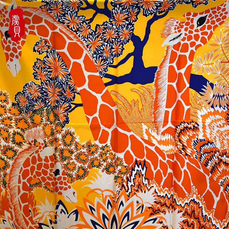 Pañuelo de seda impreso con jirafa para mujer, en azul o naranja, 100% seda auténtica, suave, de gran , cuadrado, chal de para mujer
