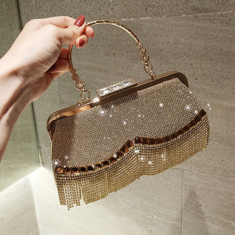 Women'S Crystal Evening Bag Retro Beaded Clutch Wedding Diamond Lock Rhinestone Chain Fringe Shoulder Bag