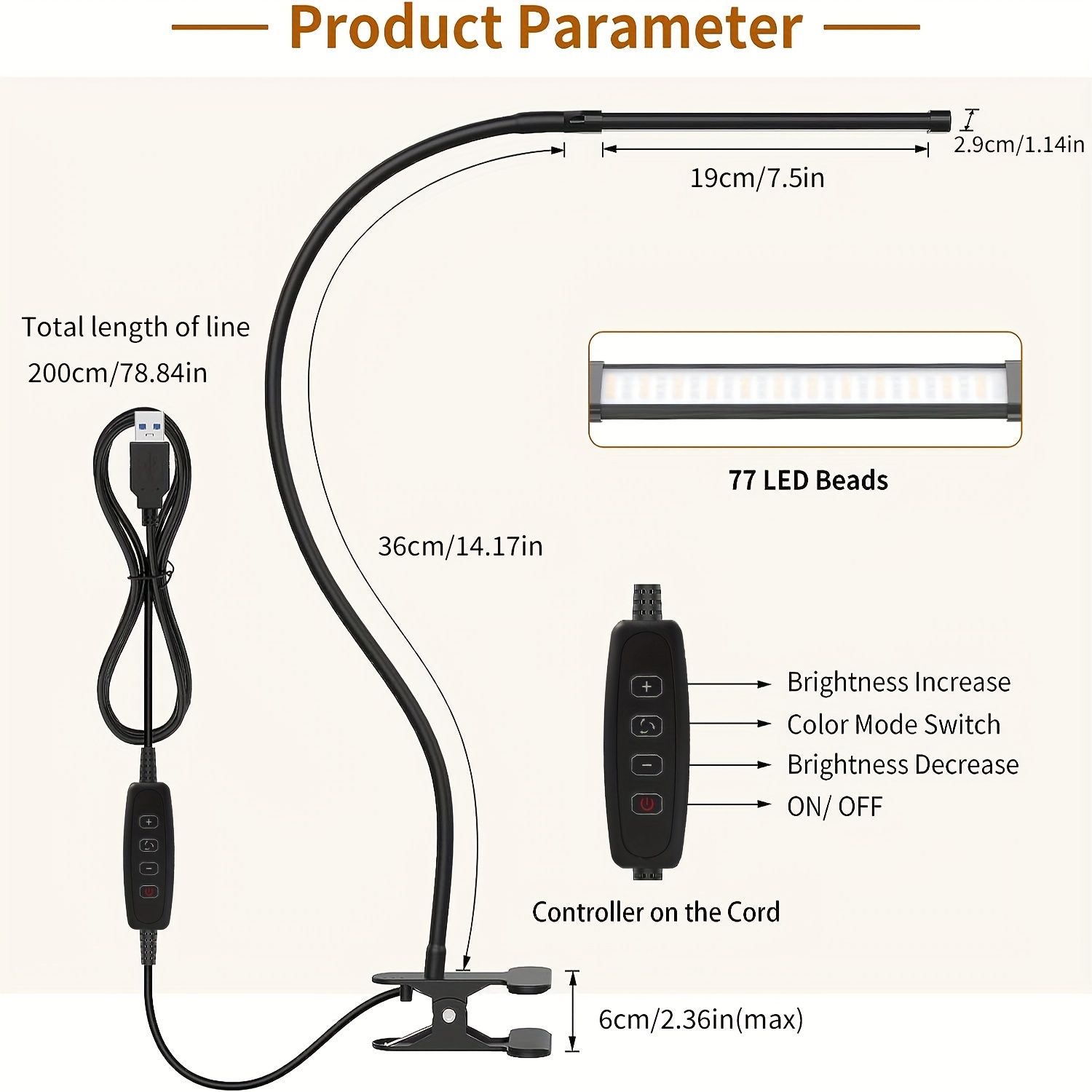 Dimmbare 360-Grad-flexibel Schwanenhals-LED-Schreibtischlampe zum Aufstecken, Leselicht, augenschonend, 10 Helligkeitsstufen, einstellbar: Beige