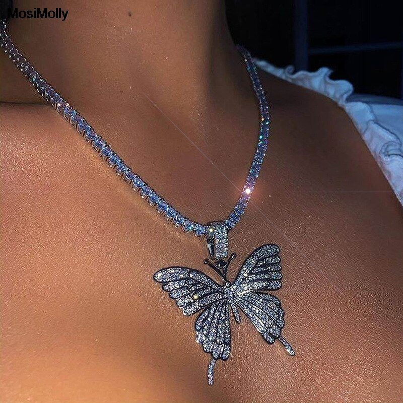 MosiMolly Rhinestone Butterfly Necklace Pendants Women Jewelery Neck Chain Choker Crystal