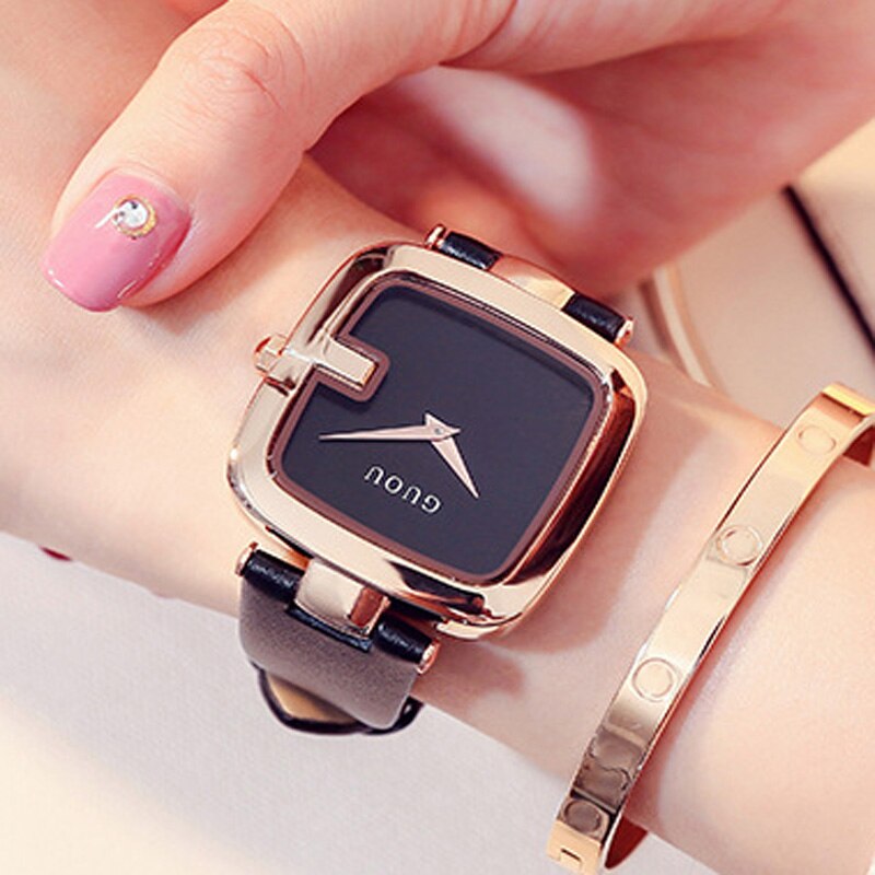 GUOU Women's Watches Square zegarek damski Luxury Ladies Bracelet Watches For Women Leather Strap Clock Saati: Black