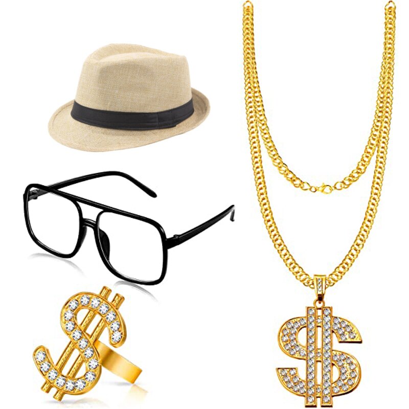 4 stykker hip hop kostume sort hvid hat briller dollarskilt guld kæde ring hip hop 80s/90s rapper tilbehør halloween fest: Grå