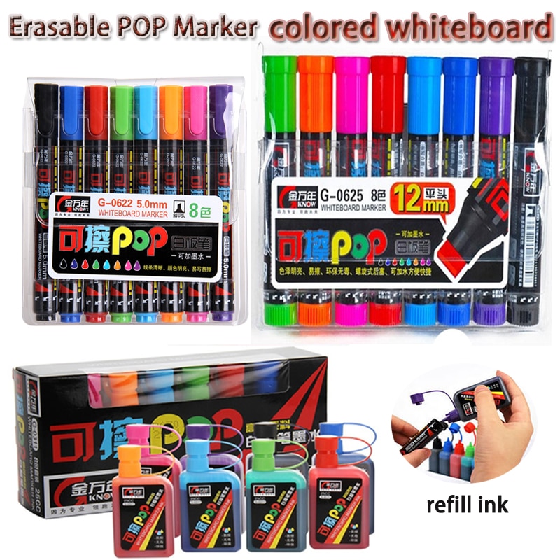 Know/genvana 8 -kleurige uitwisbare pop whiteboardmarker voor keramisch glas, 5mm/12mm beitelpunt, geurarme, uitwisbare en navulbare marker