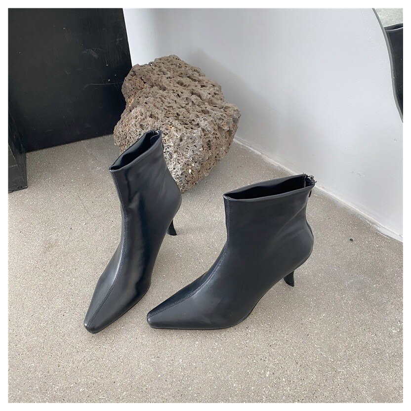 Spiss tå tynne hæler støvler kvinner chelsea vår høst ankelstøvletter støvletter kvinnelig elastisitet damesko: Svart / 6