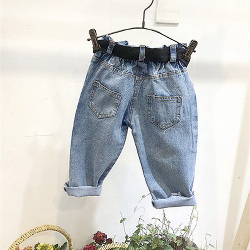 Børn lange jeans bukser forår baby pige dreng denim løse bukser småbørn tøj børn jeans med bælte til 2-7 år