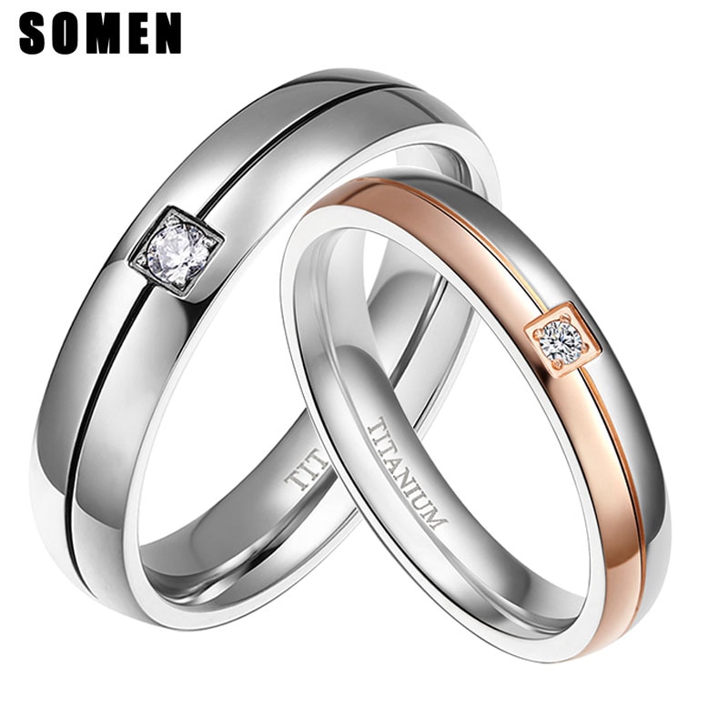 2 Stuks 4/5 Mm Ring Set Liefhebbers Rose Goud/Zilver Kleur Titanium Ring Zirconia Crystal Romantische bruiloft Engagement Ringen Sieraden