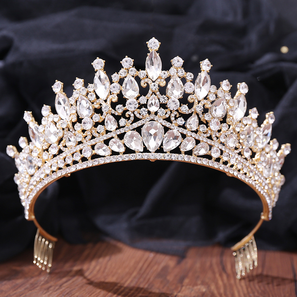 Barokke blauwgroene opaal bruiloft kroon met kam kristal koninklijke koningin bruids tiara's grote strass optocht diadeem hoofdaccessoires: Licht Geel Kleur